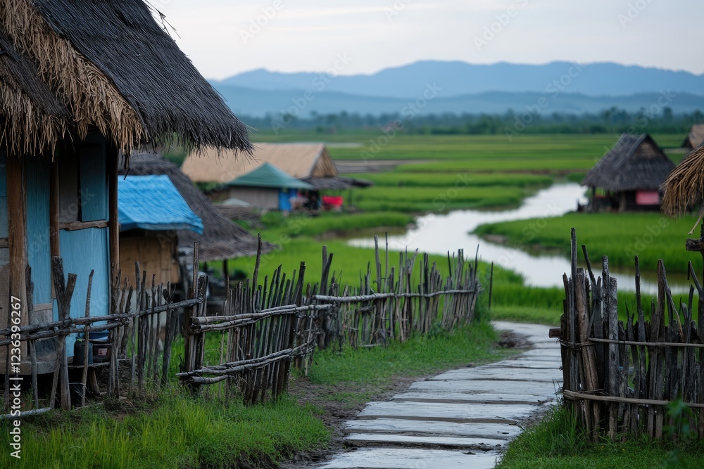 Fototapeta premium Serene Village Path Beside Rice Paddy Fields and River