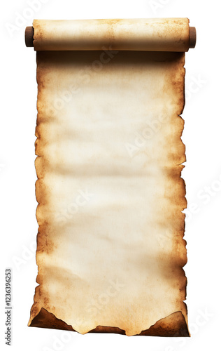 Empty old open parchment scroll, blank antique vertical paper banner, transparent background PNG