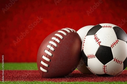 Exciting Sports Showcase Football and Soccer Balls on Vibrant Green Turf Indoor Sports Arena Close-Up View Athletic Passion photo