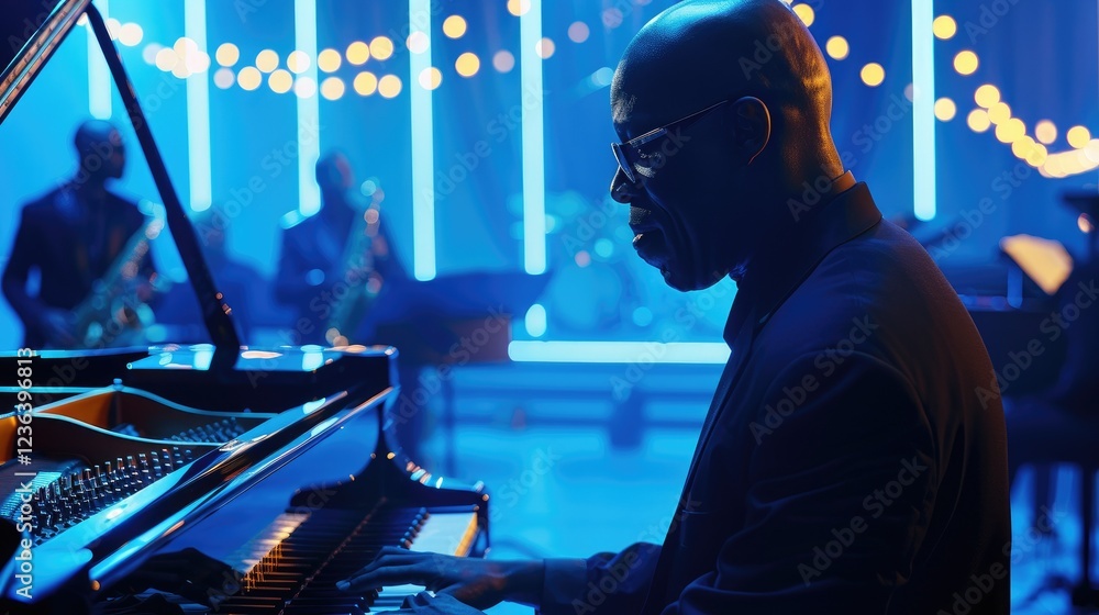 Obraz premium Pianist In Dramatic Blue Lighting Performance Scene