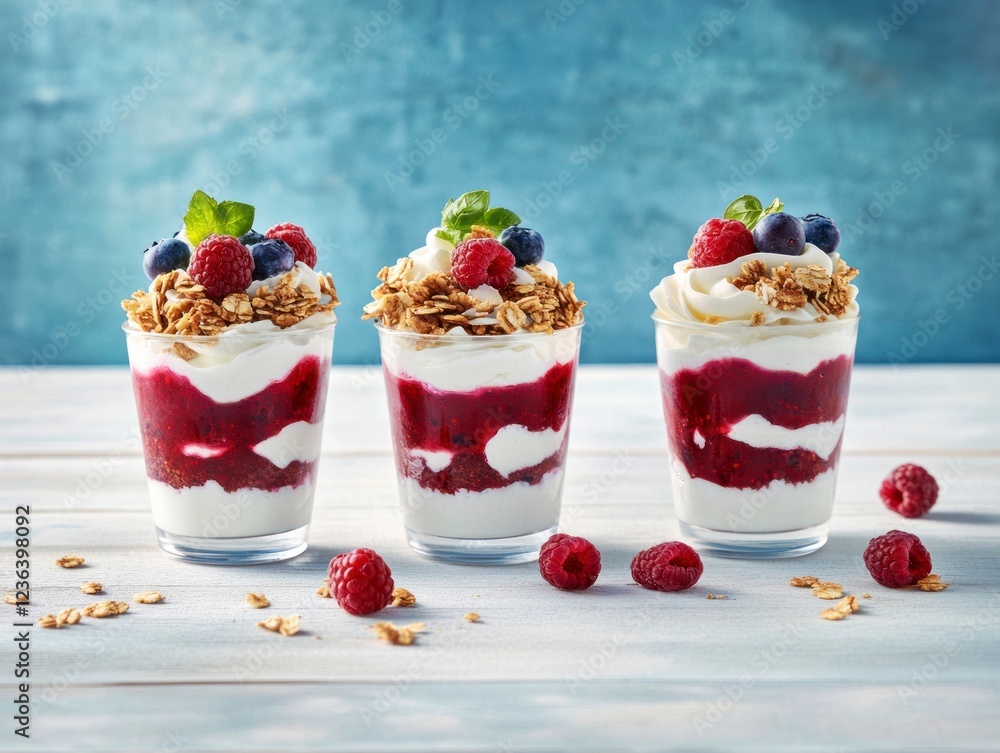 Red cream layered with yogurt and granola, mixed berries in glass cups on a white wooden table against a blue background. Flat lay of a summer breakfast concept. Red cream layered with yogurt and granola, mixed berries in glass cups on a white wooden table against a blue background. Flat lay of a summer breakfast concept.