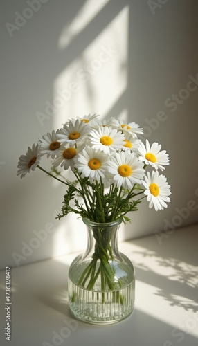 Wallpaper Mural A delightful arrangement of fresh daisies, with their bright white petals and sunny yellow centers, fills a clear glass vase. The soft sunlight casts gentle shadows, creating a serene and uplifting Torontodigital.ca