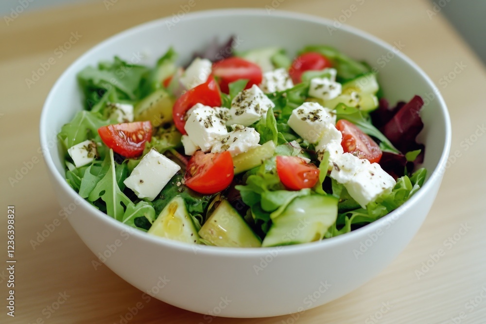 Greek salad with feta cheese, tomatoes and greens on white bowl Greek salad with feta cheese, tomatoes and greens on white bowl
