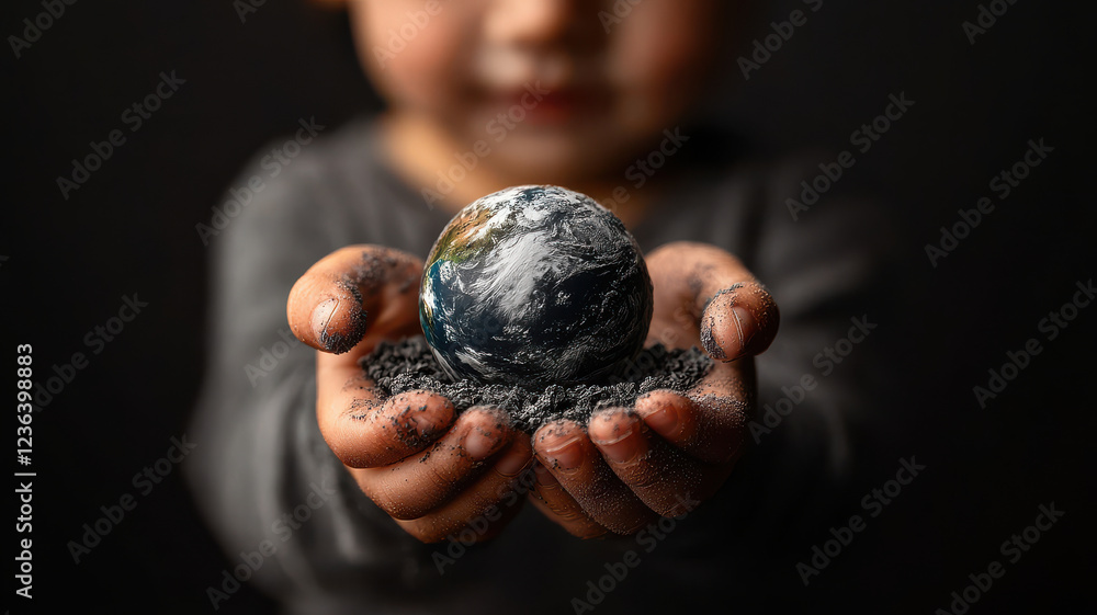 child holds small globe in their hands, symbolizing care for Earth, Global Warming and Climate Crisis Themed child holds small globe in their hands, symbolizing care for Earth, Global Warming and Climate Crisis Themed