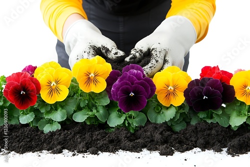 Planting Colorful Pansies in a Garden photo