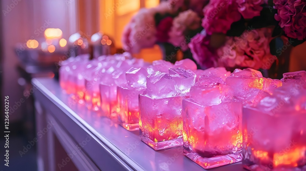 A row of pink glasses with ice cubes and candles in them A row of pink glasses with ice cubes and candles in them