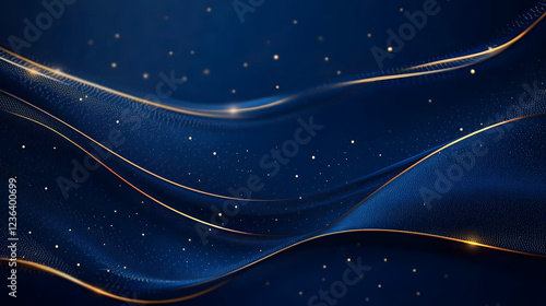 Blue luxury background with golden line, blue curve, shiny dots and glitter light effect. Elegant style design. Luxury dark blue background with halftone gold line curved and lighting effect