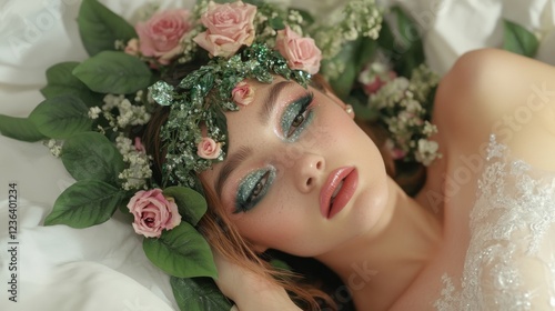 This artistic portrait features a beautiful woman with a floral crown and intricate makeup, symbolizing beauty, femininity, and nature's elegance in a serene environment.