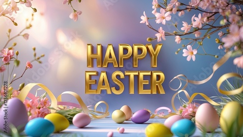 Golden lettering happy easter with pastel easter theme 