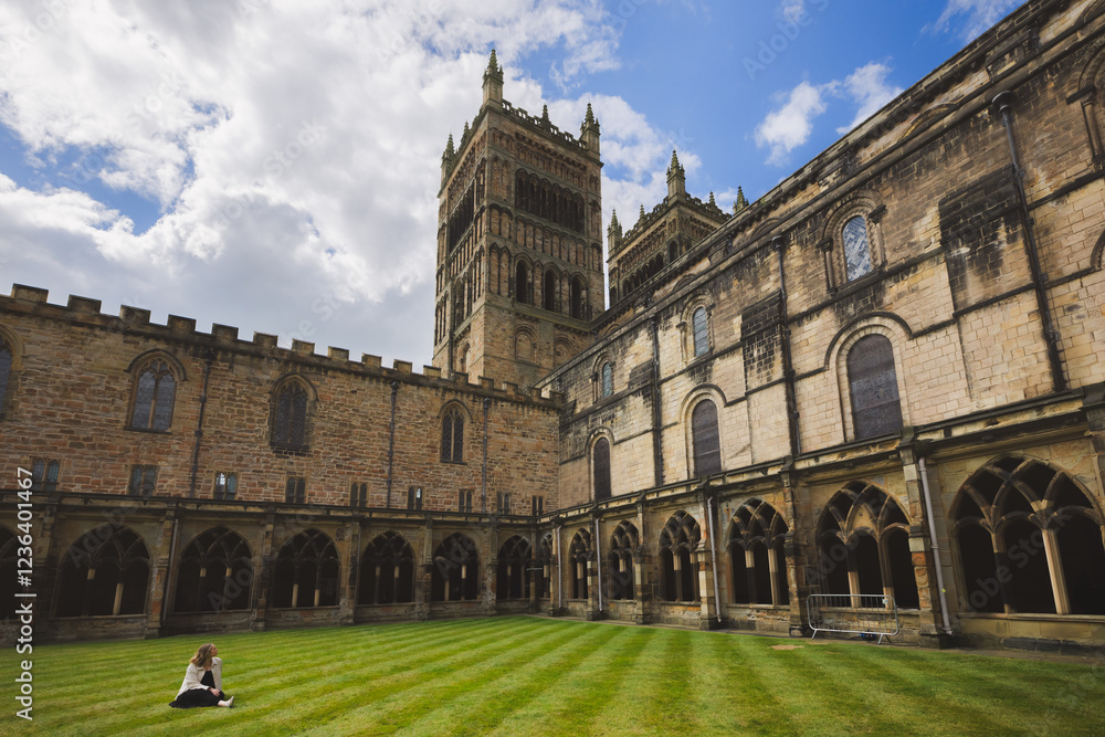 Fototapeta premium A female tourist admiring the cloisters of historic Durham Cathedral showcase its medieval arches, patterned lawn, and rich heritage under a blue sky.