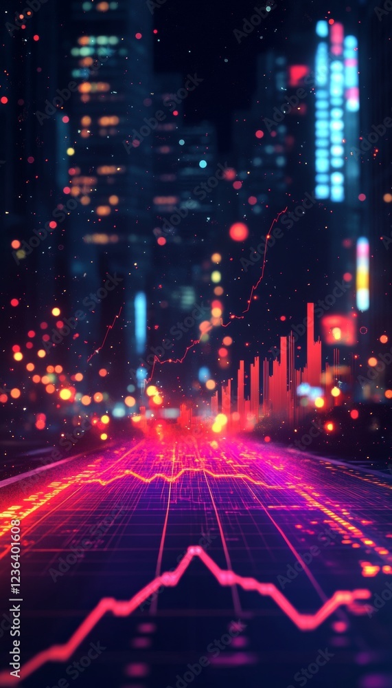 Fototapeta premium Financial Data Screen With Stock Market Data, Rising Chart Trend Lines And City Lights Bokeh Effect