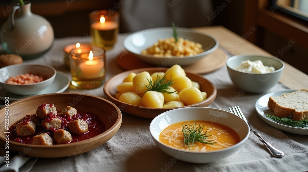 Scandinavian family-style dinner featuring classic and inviting dishes Scandinavian family-style dinner featuring classic and inviting dishes