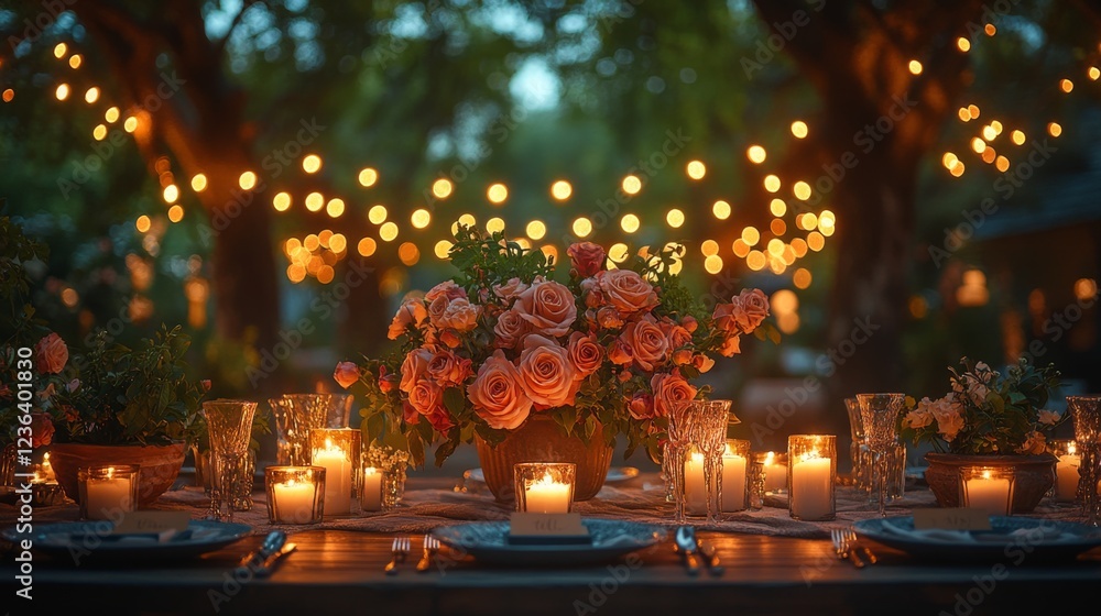 A romantic outdoor table decorated with roses and candles A romantic outdoor table decorated with roses and candles