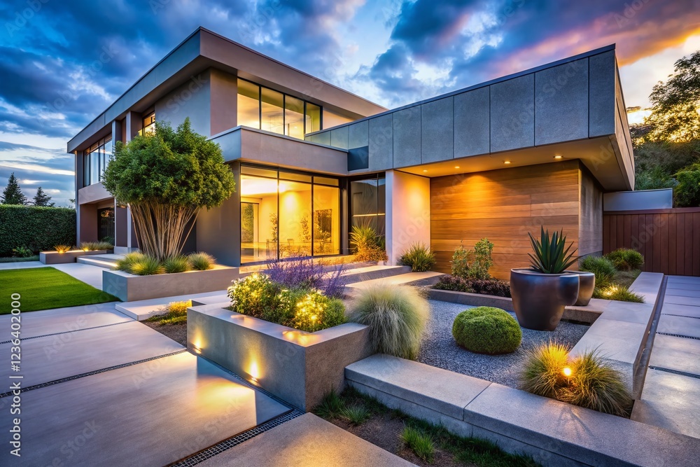 Obraz premium Modern Minimalist Front Yard with Concrete Patio and Geometric Planters