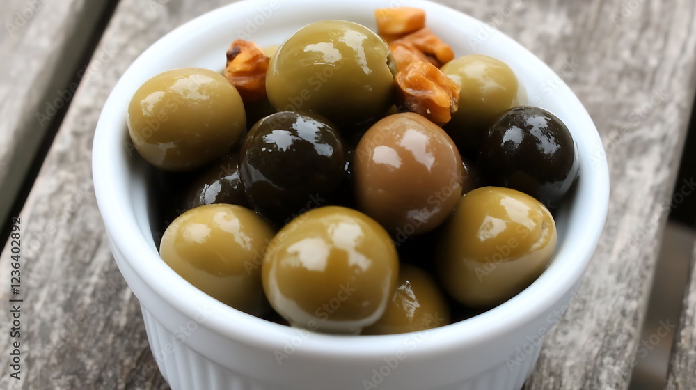 Closeup of assorted olives in a white ramekin. Glossy, vibrant green, brown, and black olives with toasted nuts. Perfect for food blogs, culinary websites, or restaurant menus. Closeup of assorted olives in a white ramekin. Glossy, vibrant green, brown, and black olives with toasted nuts. Perfect for food blogs, culinary websites, or restaurant menus.