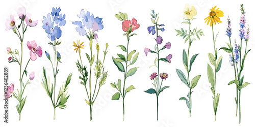 Watercolor botanical plant illustration, hand drawn flowers, medicinal herbs, vintage ink sketches, hand drawn medical plants, herbal sketch collection, watercolor collection of herbs and flowers
