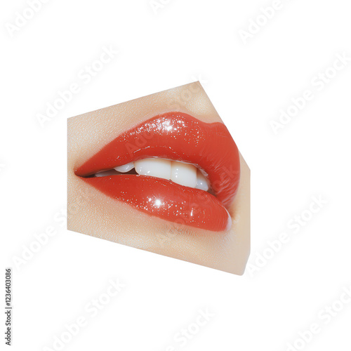 Glossy red lips with hint of shine and playful smile. Collage art expression. PNG, isolated on white/transparent background