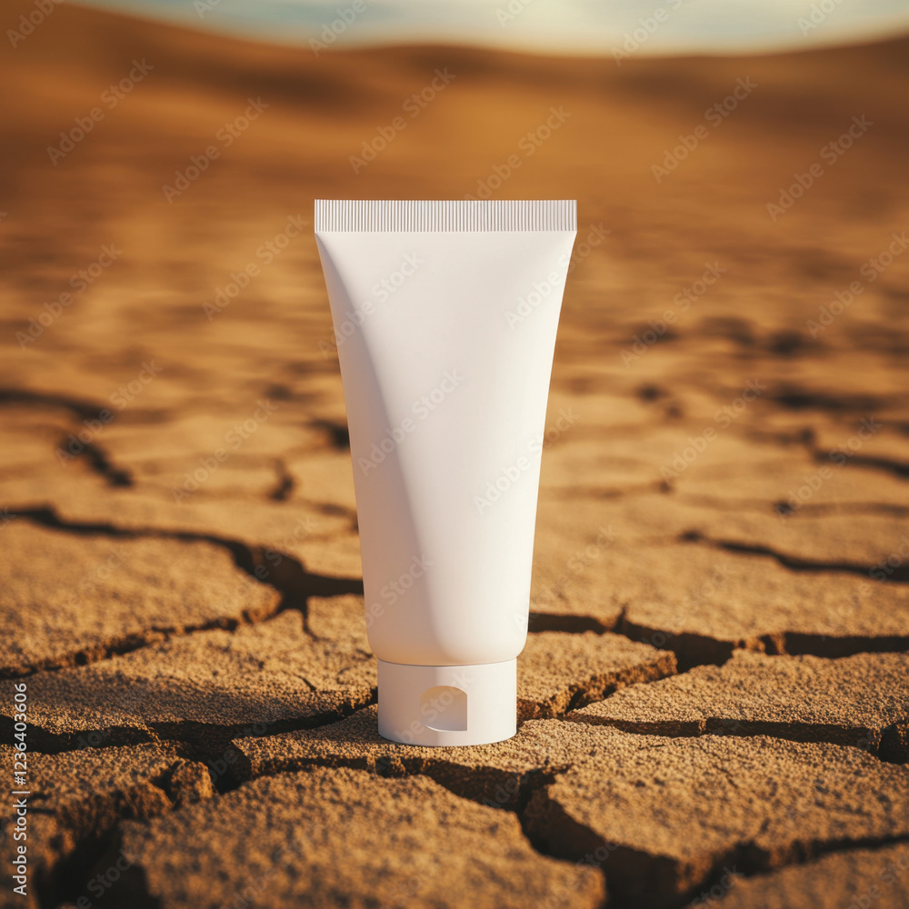 white tube of cream stands on cracked earth, symbolizing dryness and resilience. This evokes sense of hope amidst challenging conditions white tube of cream stands on cracked earth, symbolizing dryness and resilience. This evokes sense of hope amidst challenging conditions