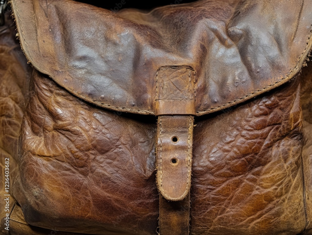 Old-fashioned leather satchel or bag with worn and weathered appearance, ideal for travel or pilgrimage. Features a flap closure with buckle and strap over shoulder. Old-fashioned leather satchel or bag with worn and weathered appearance, ideal for travel or pilgrimage. Features a flap closure with buckle and strap over shoulder.