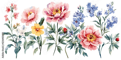 Watercolor illustration of pink peonies and botanical elements, surrounded by a floral collection with soft hues, isolated on a pure white background, capturing delicate beauty.