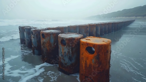 A row of rusty metal posts are on the beach photo