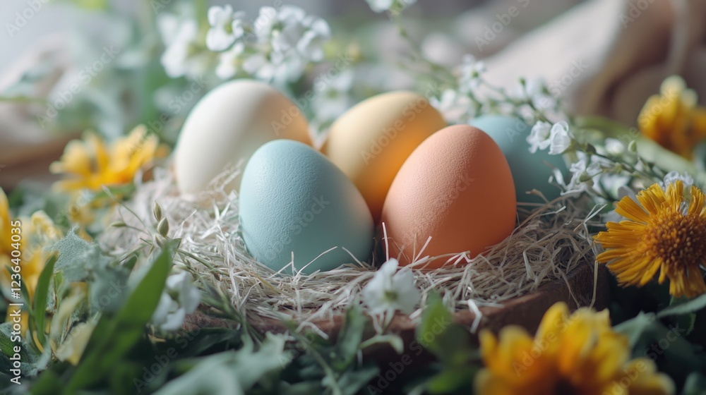 Brightly colored easter eggs nestled in a woven basket amidst an array of spring flowers. Brightly colored easter eggs nestled in a woven basket amidst an array of spring flowers.