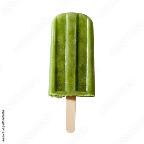 Green popsicle with wooden stick, refreshing and delicious treat. PNG, isolated on white/transparent background