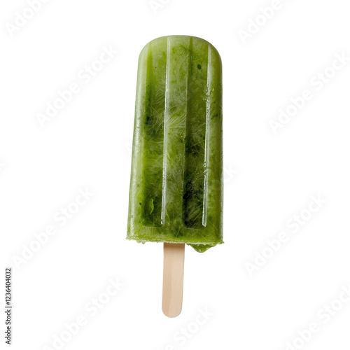 Green popsicle with wooden stick, refreshing and unique flavor. PNG, isolated on white/transparent background