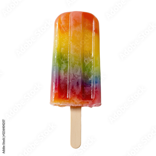 Colorful rainbow popsicle with vibrant layers and wooden stick. PNG, isolated on white/transparent background