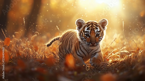 Adorable tiger cub, playful tiger in autumn leaves, wildlife photography for nature documentary, kids book, and wildlife conservation campaign photo