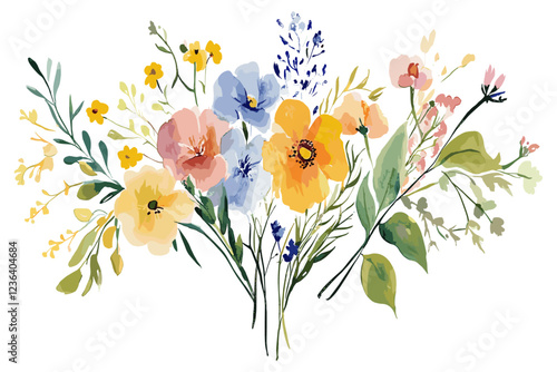 A stunning botanical watercolor frame, adorned with hand-drawn wildflowers and intricate details, creating a timeless and nature-inspired illustration that brings the tranquility and color of the outd