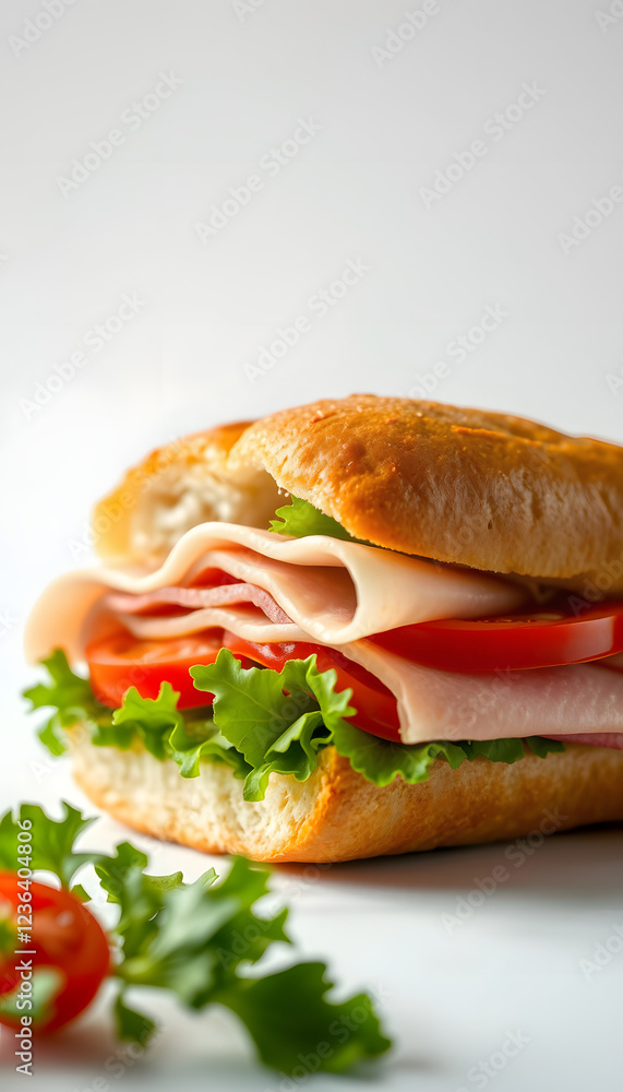 Submarine sandwich with ham, cheese, tomato, lettuce salad isolated on white. Homemade baguette ham sandwich with vegetables. Large sub tomato sandwich closeup, banner, asian style. isolated with wh
