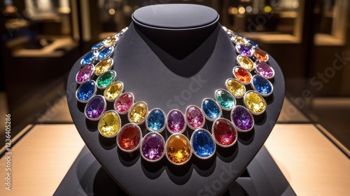 A colorful gemstone bib necklace, placed on a stylish black jewelry holder, aerial shot. photo