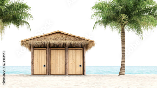 Fototapeta Naklejka Na Ścianę i Meble -  Beach hut with palm trees on a transparent background
