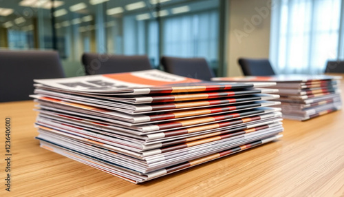 a stack of annual reports neatly arranged on a conference table