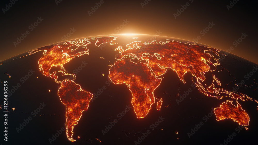 digital map displaying global heat patterns and climate change effects, Global Warming and Climate Crisis Themed digital map displaying global heat patterns and climate change effects, Global Warming and Climate Crisis Themed