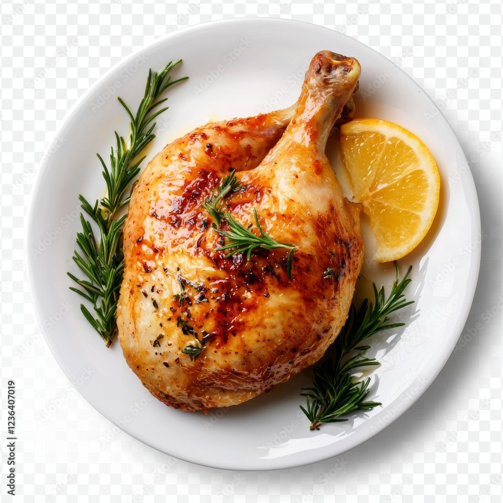 Juicy Roasted Chicken Leg with Fresh Herbs and Lemon Slice on Elegant White Plate Juicy Roasted Chicken Leg with Fresh Herbs and Lemon Slice on Elegant White Plate
