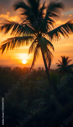 Blurred breathtaking sunset scenery. Coconut palm tree under orange  sky. Vintage background. Travel card. Wide banner, Backlit. isolated with white shades