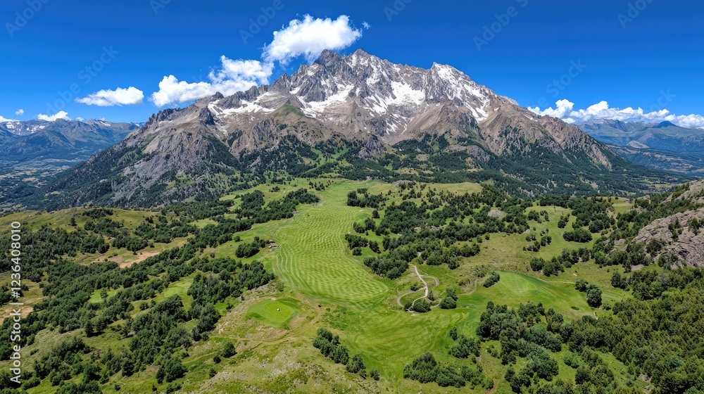 Fototapeta premium Majestic mountain vista, green valley, summer day, travel poster