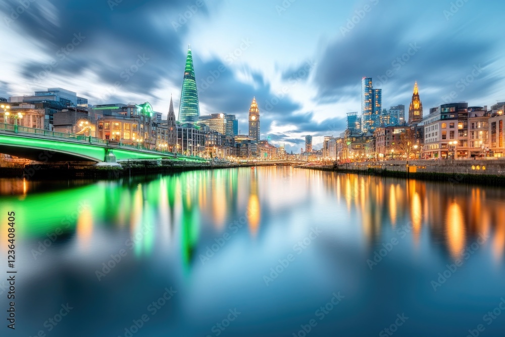 Obraz premium Festive night skyline with green illuminated cityscape under cloudy sky by water