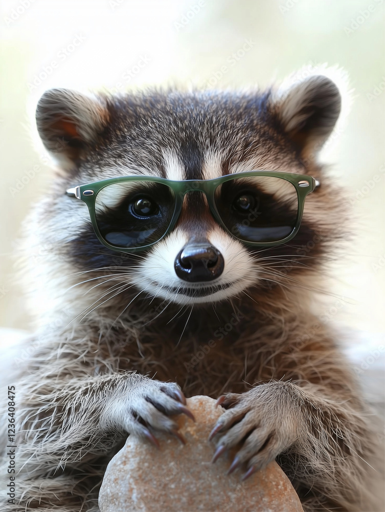 Fototapeta premium A charming raccoon poses with sunglasses against a blurred backdrop.