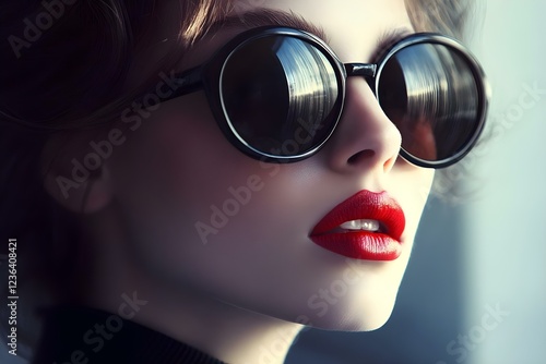A close-up portrait of a woman with red lips and sunglasses, showcasing a stylish and glamorous appearance. Concept Close-Up Portrait, Red Lips, Stylish Sunglasses, Glamorous Look