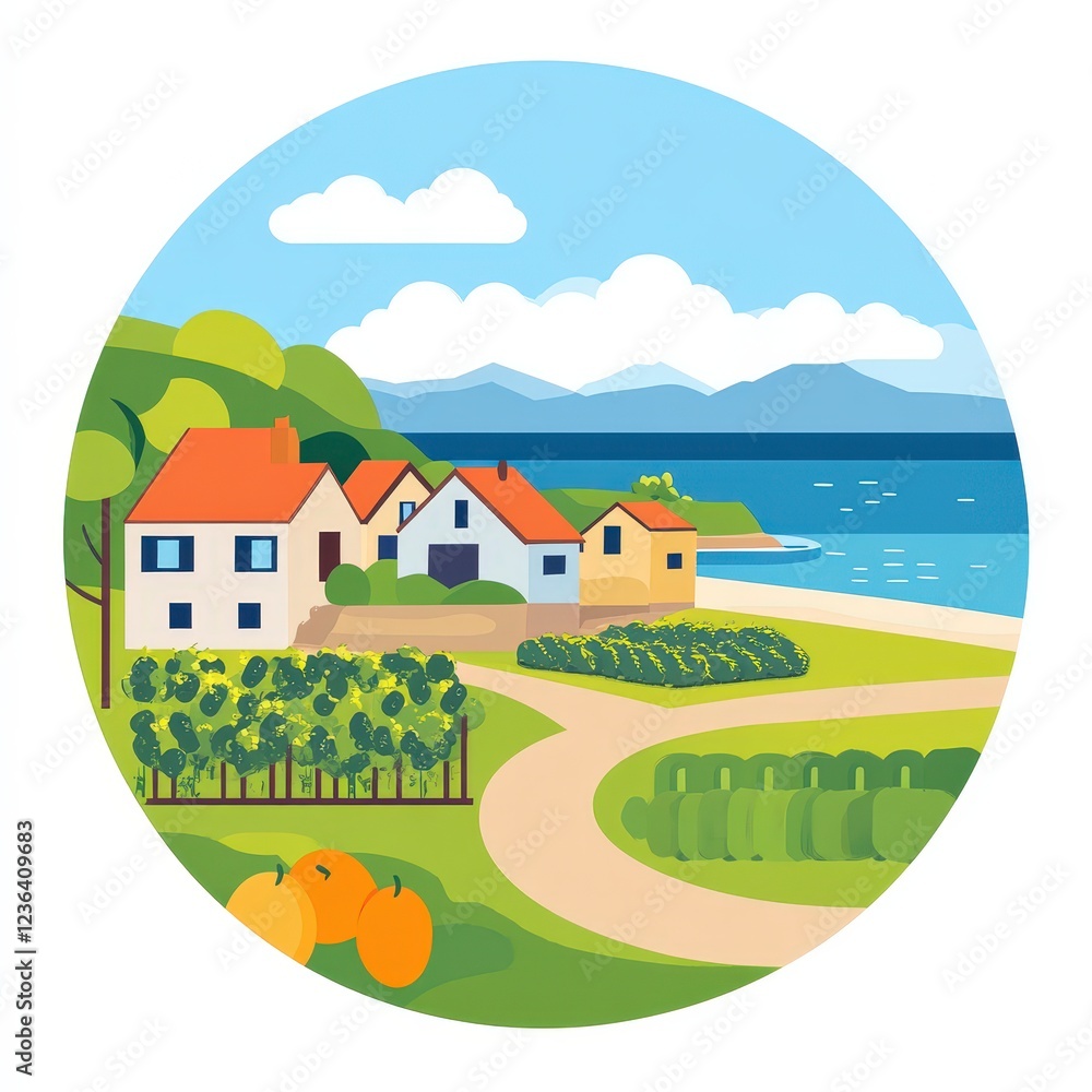 Serene Coastal Landscape with Charming Houses and Lush Fields Serene Coastal Landscape with Charming Houses and Lush Fields
