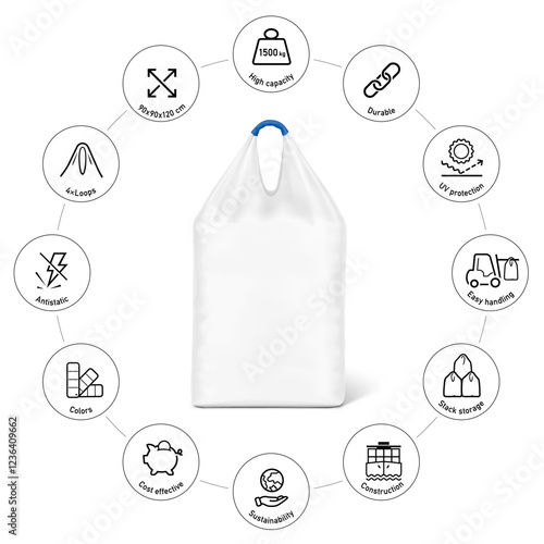 Flexible one loop big bag mockup with set icons. High realistic. Vector illustration isolated on white background. Ready for use in presentation, promo, advertising and more. EPS10.