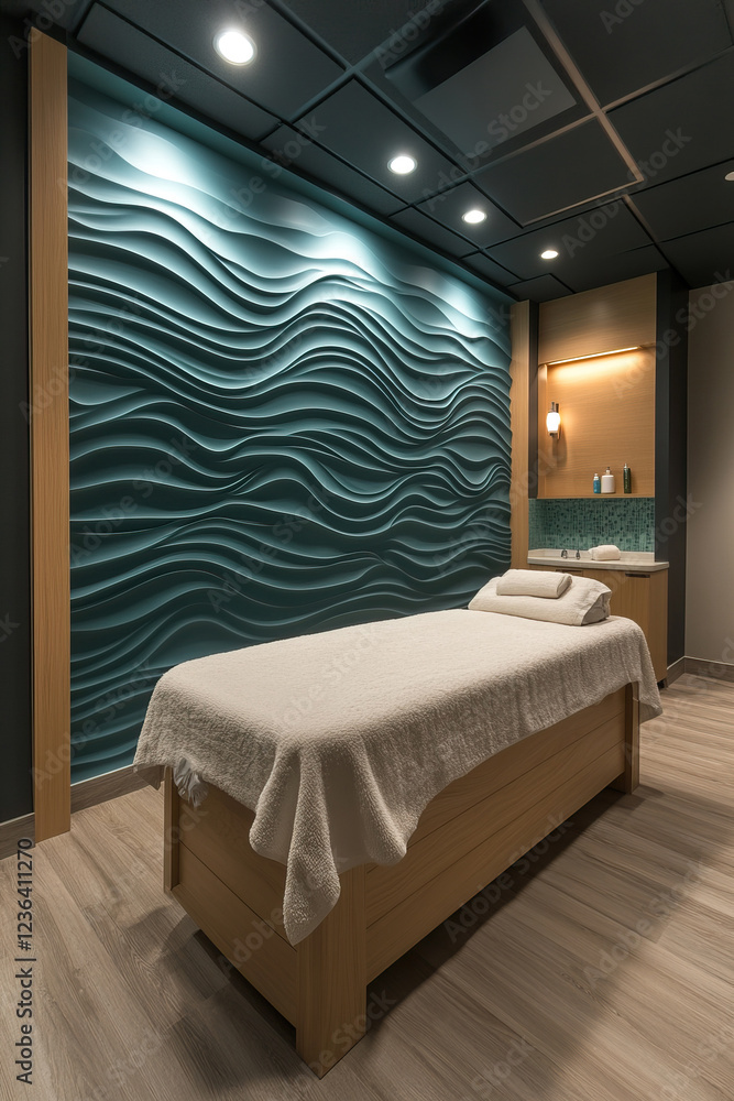 Peaceful spa room with massage table and calming wave wall design for relaxation and wellness Peaceful spa room with massage table and calming wave wall design for relaxation and wellness