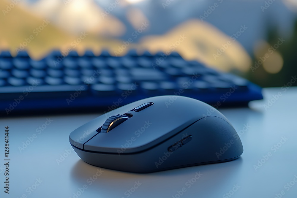 A blue computer mouse placed on a clean white background, with a keyboard subtly visible in the background. A blue computer mouse placed on a clean white background, with a keyboard subtly visible in the background.