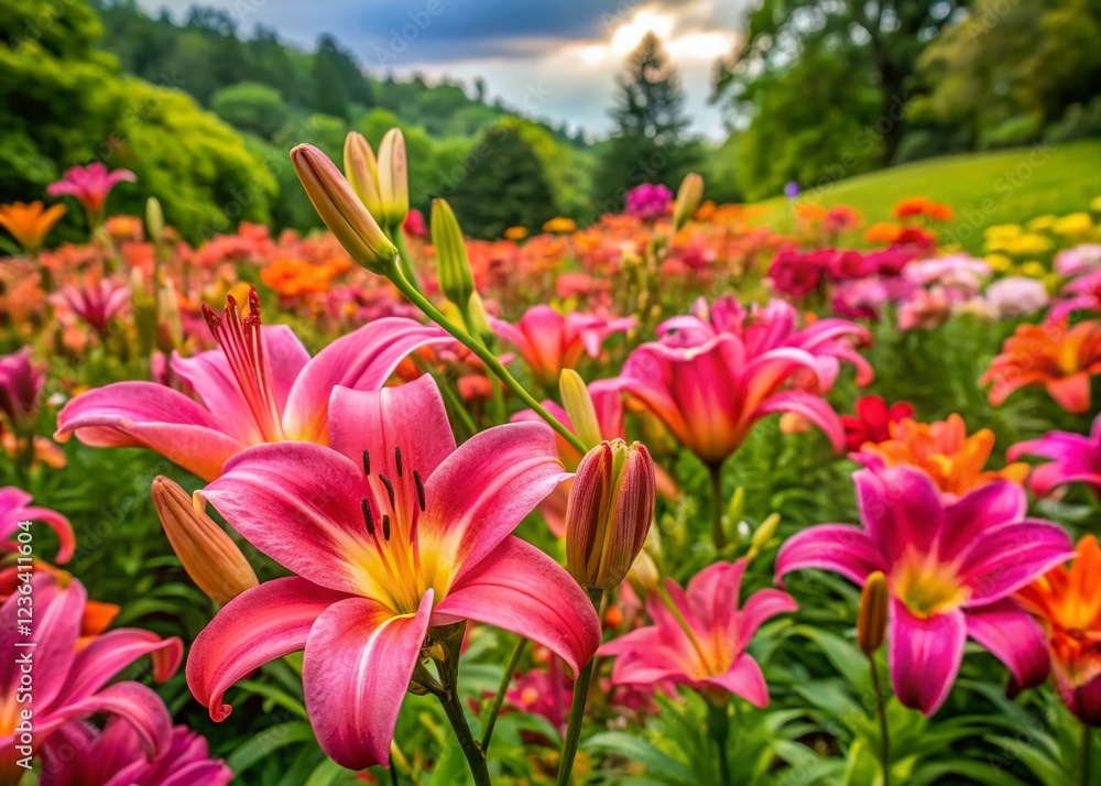Panoramic View of a Pink Daylily Garden in Full Bloom Panoramic View of a Pink Daylily Garden in Full Bloom