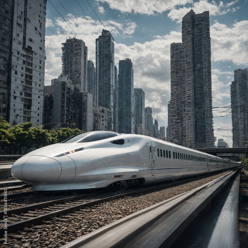 Naklejka premium A sleek white bullet train speeding through a futuristic Citysearch.