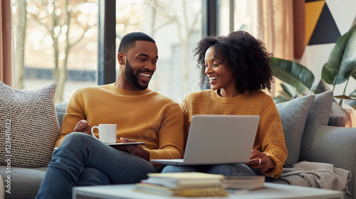 Vibrant Modern Living Room with Cheerful Black Couple Working Together