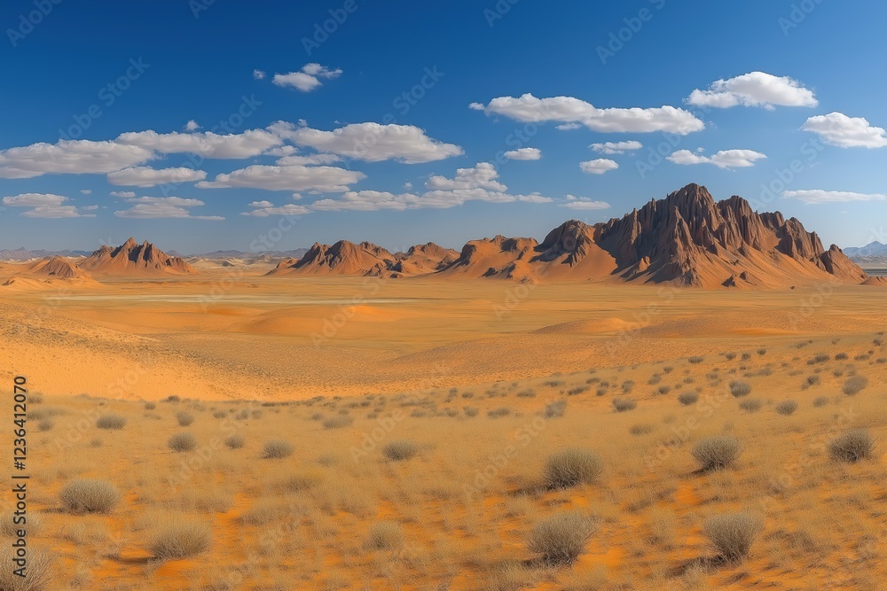 Majestic desert landscape with mountains and vibrant clouds under sunny sky in Namibia